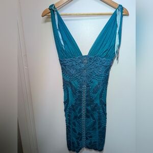 Ema Savahl Couture Teal 3D Textured Hand Painted Corset Mini Dress Tunic S Fairy